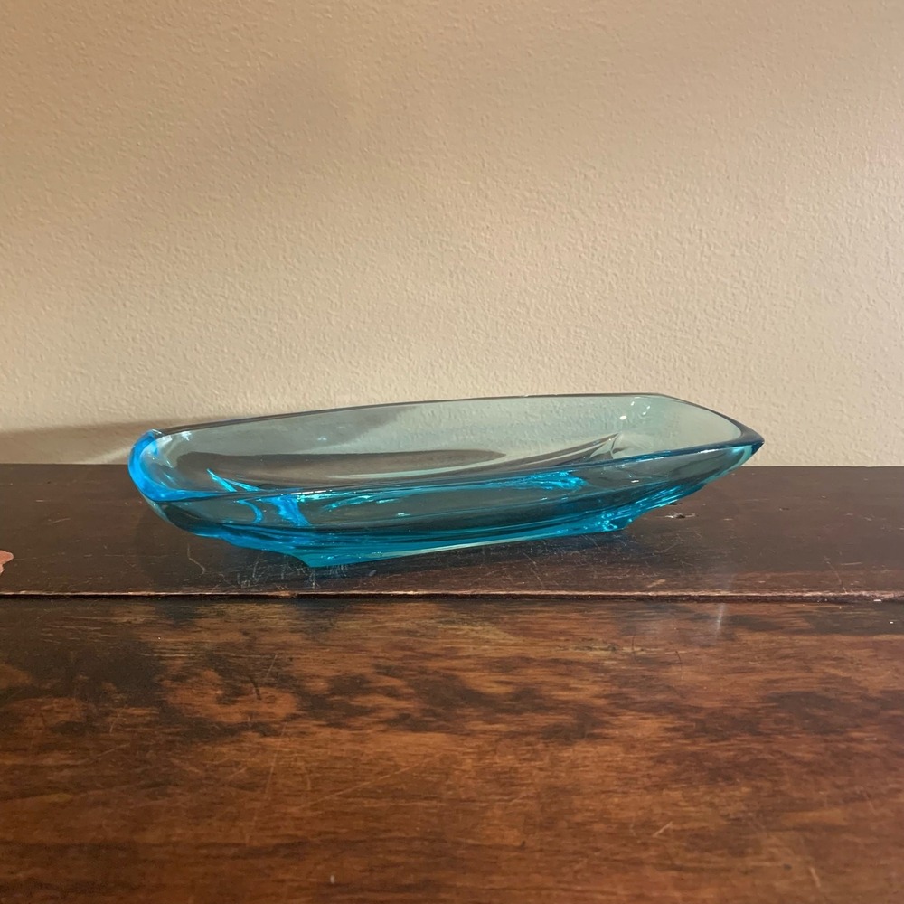 1960s Hazel Atlas Turquoise Capri Blue‎ Glass Serving Relish Rectangular Dish - Picture 3 of 6